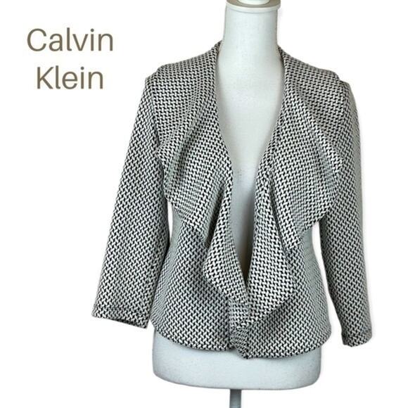 Calvin Klein Black White‎ Basketweave Coastal Grandma Ruffle Jacket NWOT Size 4P - Picture 2 of 11